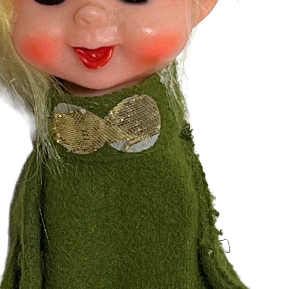 Pixie Elf Green Felt Plastic Face Christmas Ornament Made in JAPAN 6